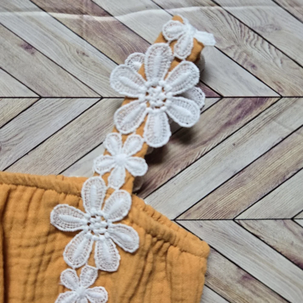 Mustard Yellow Baby Romper White Floral Crochet Detail Boho Summer Outfit 12-18M